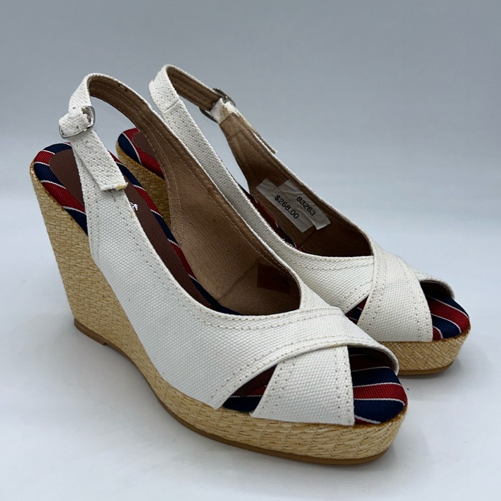 NWOT Brooks Brothers Cream Canvas Leather Woven Wedge Slingback Heels Size 7.5